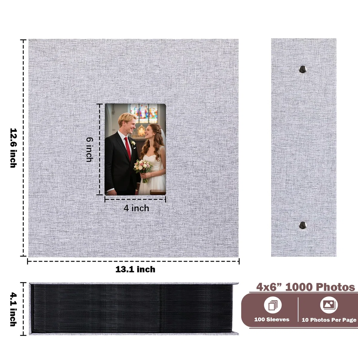 Album fotografico con capacità extra grande per 1000 foto 10x15 cm,cmcopertina in lino con finestra anteriore, libro fotografico ideale per famiglia, matrimoni, anniversari e vacanze (Grigio)