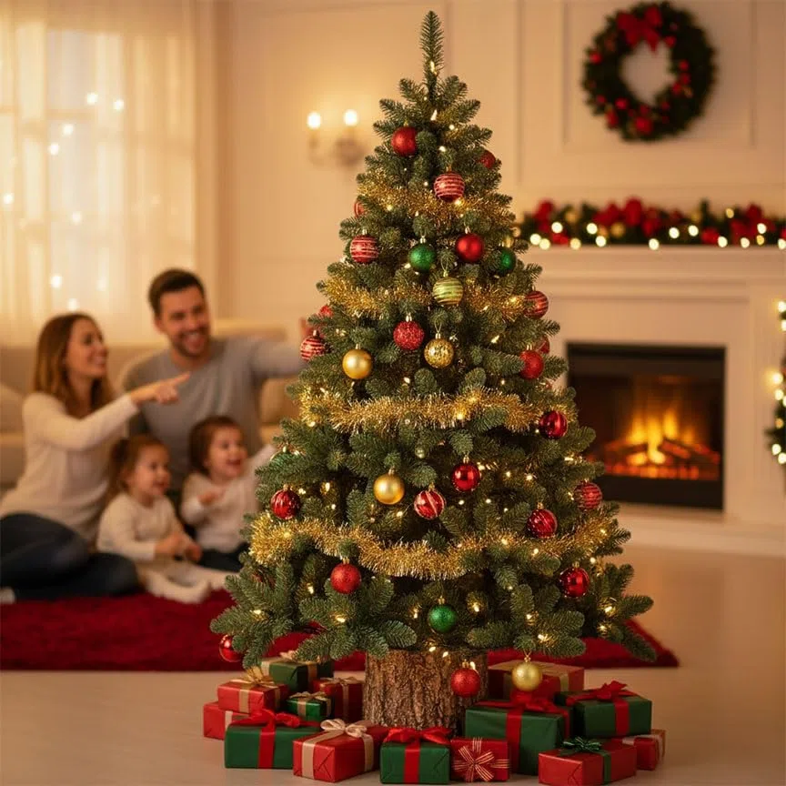 Base per Albero di Natale in Resina, Supporto Albero Effetto Tronco Reale, Base Robusta e Stabile con Attacco Universale 35 mm, Altezza 34 cm, Ideale per Alberi Artificiali 32x26x34 cm