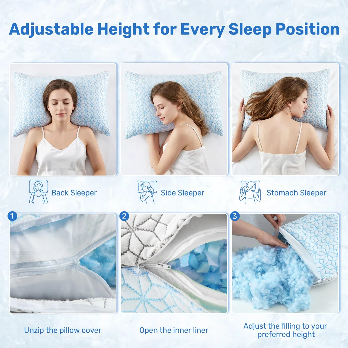 UNIKOME Cuscino rinfrescante per sudorazione notturna, memory foam regolabile a forma di strisce, in gel, traspirante) per supporto cervicale, lavabile in lavatrice, 40 x 60 cm, blu, 1 pezzo