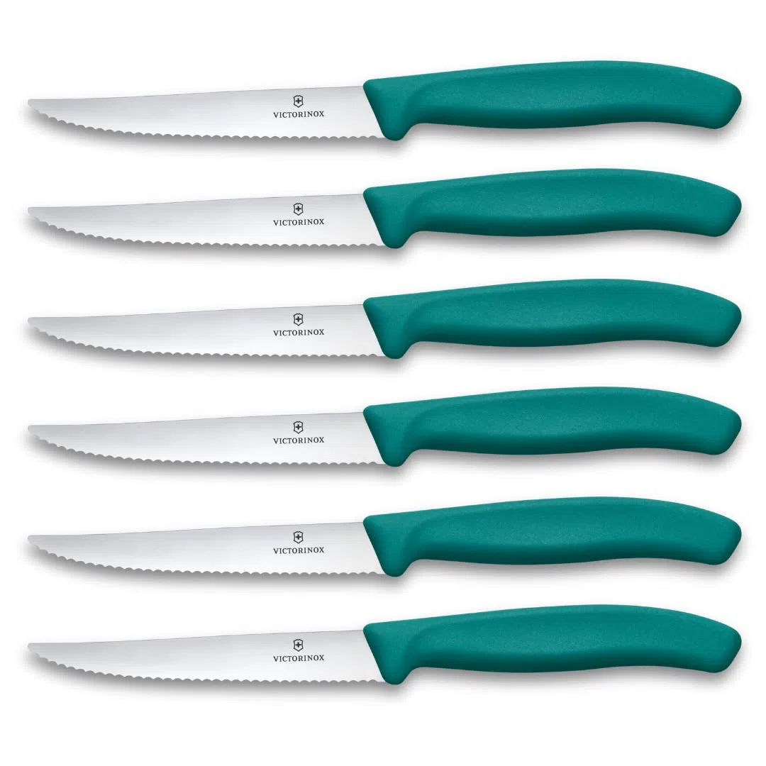 Victorinox Set di Coltelli Bistecca e Pizza Professionali Swiss Classic, 6 Pezzi, Coltelli da Tavola, Lame Affilate Ondulate, 11 cm, Manici in Plastica, Verde