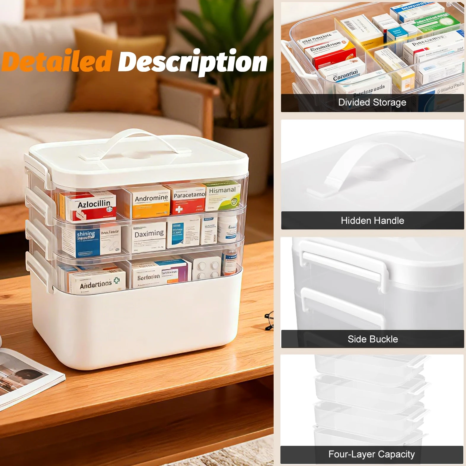 Contenitore per medicinali, Scatola Organizer per Medicinali 4 Livelli, scatola per farmacia domestica con maniglia per il trasporto, organizer per medicinali multifunzionale per casa, 28*19*27cm