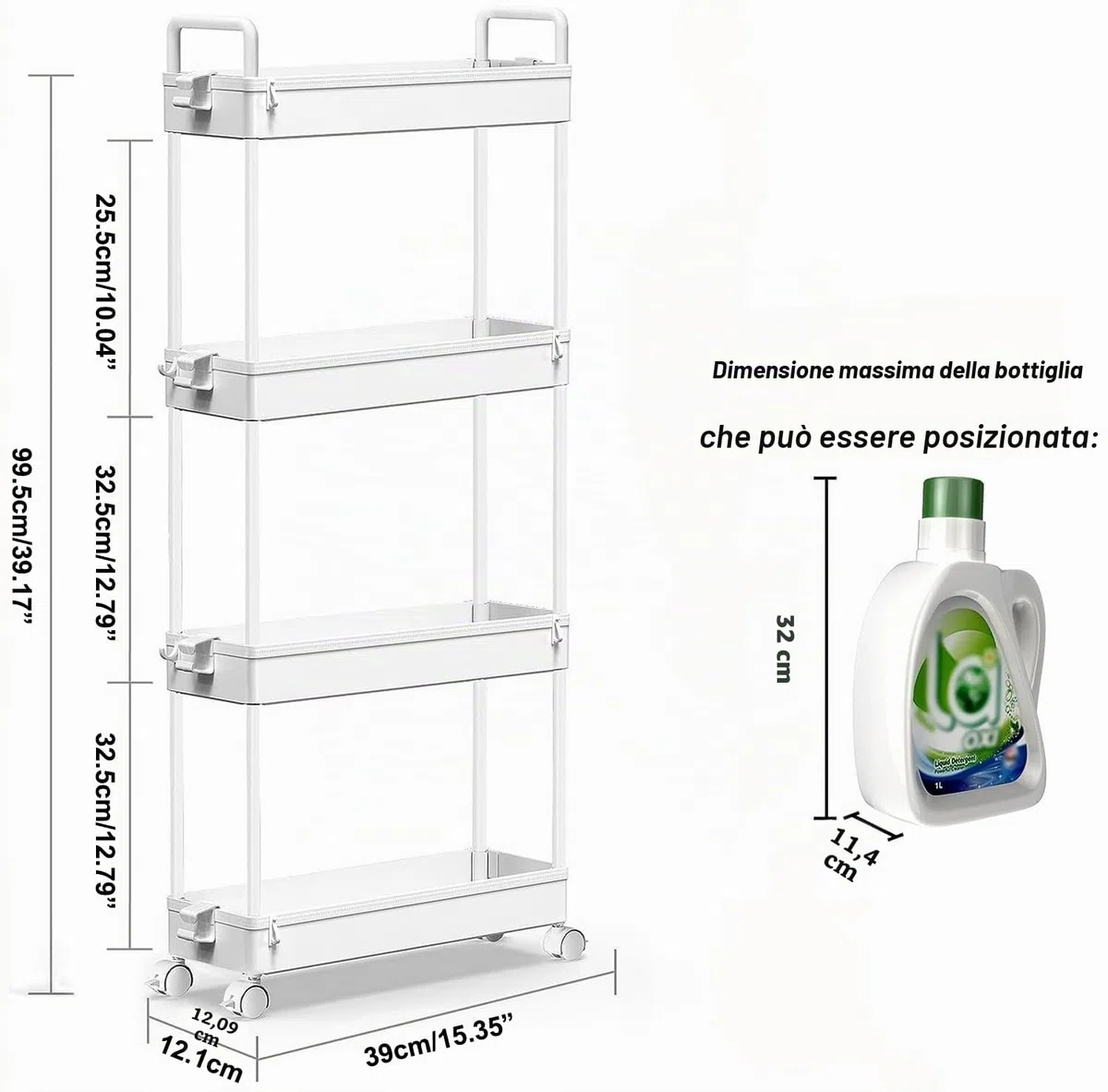 SOLEJAZZ Carrello portaoggetti a 4 ripiani Carrello scorrevole e scorrevole Carrello portaoggetti mobile per cucina, bagno, lavanderia, camera da letto, spazi stretti, plastica, bianco