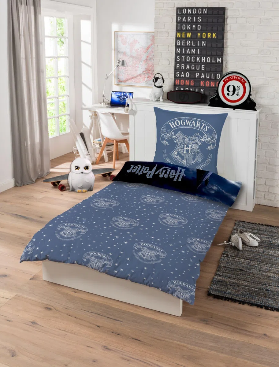 Harry Potter, set di biancheria da letto 135x200 80x80 con federa Hogwarts [con sacchetto portaoggetti], 100% cotone, privo di sostanze nocive, conforme a Öko-Tex Standard, dimensioni tedesche