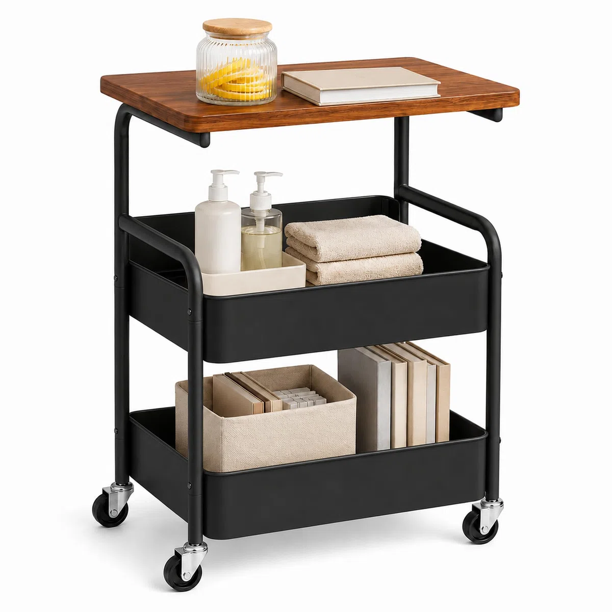 Carrello per libri a 3 livelli, carrello in metallo con pannelli a incastro e piano da tavolo, carrello da servizio per cucina, soggiorno, casa e ufficio, carrello da cucina con ruote