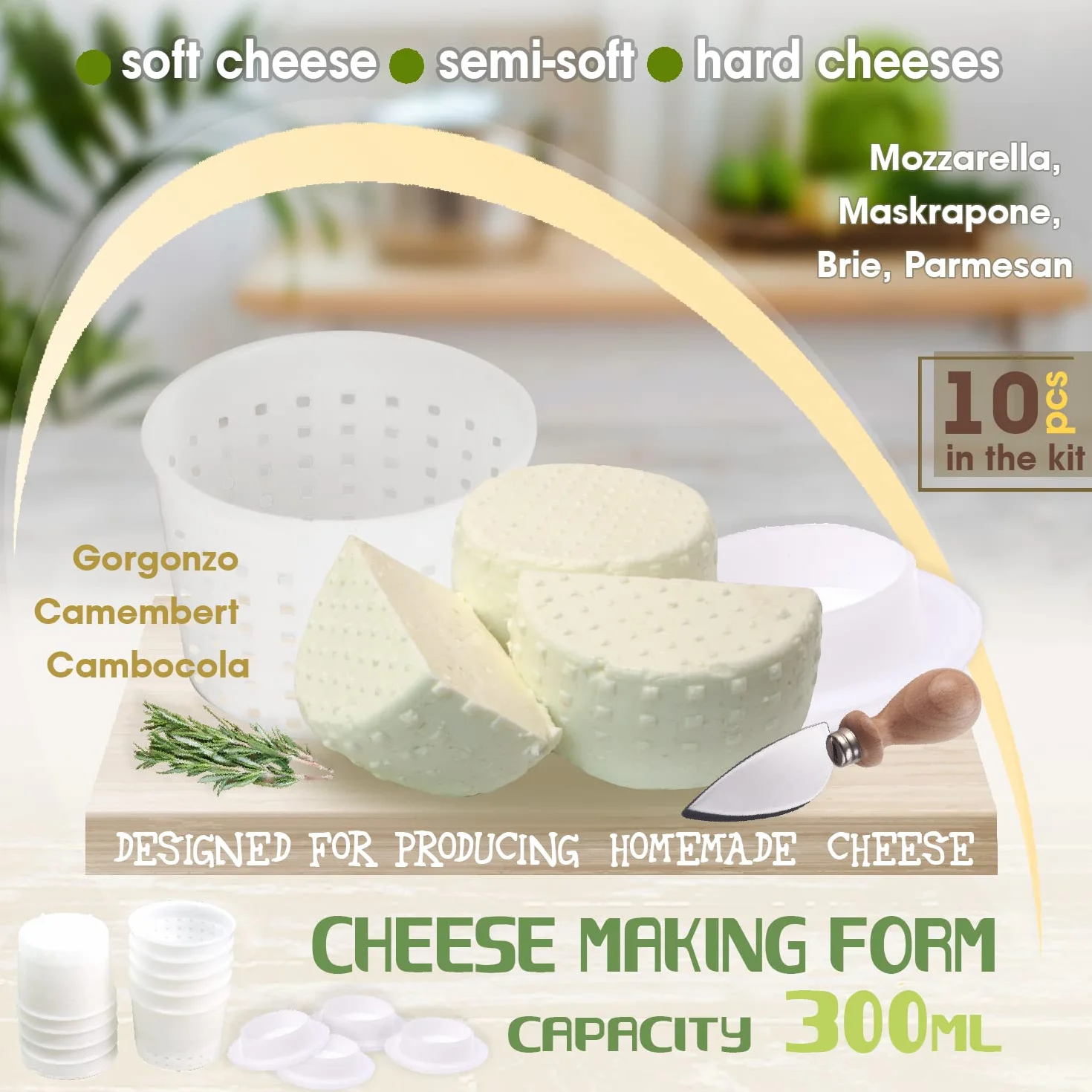 10 pezzi di stampi piccoli per formaggio per la produzione di formaggio con un conduttore 300 ml - Kit per la produzione di formaggio Cheddar - Forniture per la produzione di formaggio fatto in casa