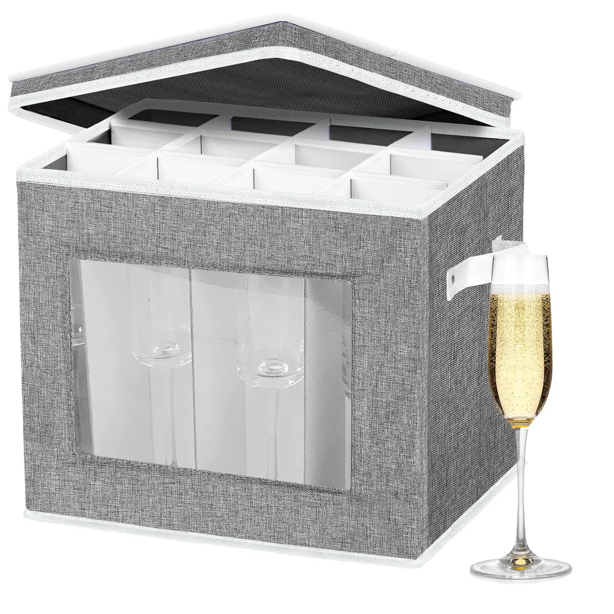 Custodia rigida per 12 calici da champagne in cristallo (grigio), contenitore per bicchieri da champagne, divisori