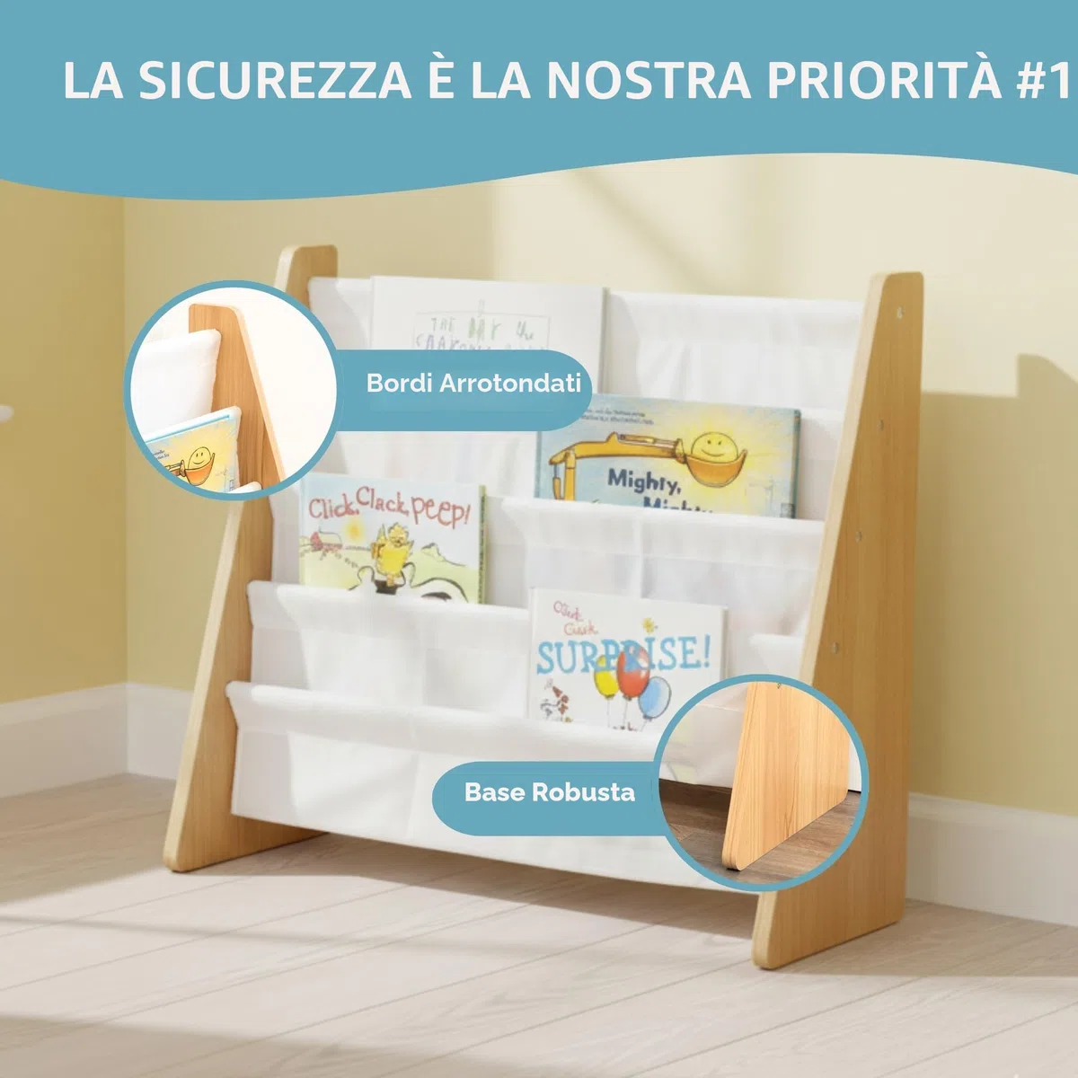 HumbleCrew Libreria Bambini Elegante: Scaffale 4 Ripiani per Libri, Design Naturale/Bianco, Perfetta per Camerette Stile e Letture Creative