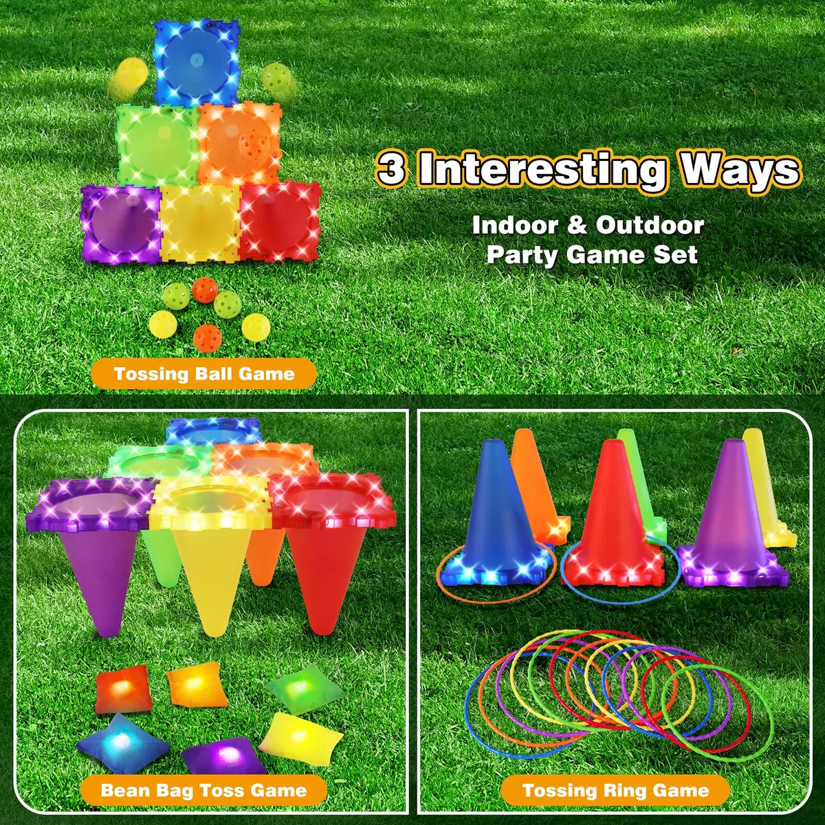 CLEMAS 35 pz Giochi di Lancio Luminosi 5 in 1 per Bambini – Set da Giardino con Cornhole, Anelli & Corsa con l’Uovo – Attività Outdoor per Compleanni e Feste