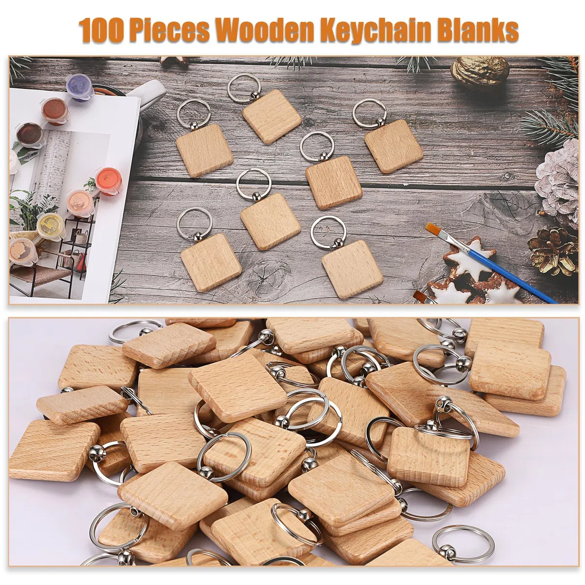 100 portachiavi quadrati in legno, 4 cm, vuoti, portachiavi in legno, per fai da te, personalizzabili, portachiavi in legno