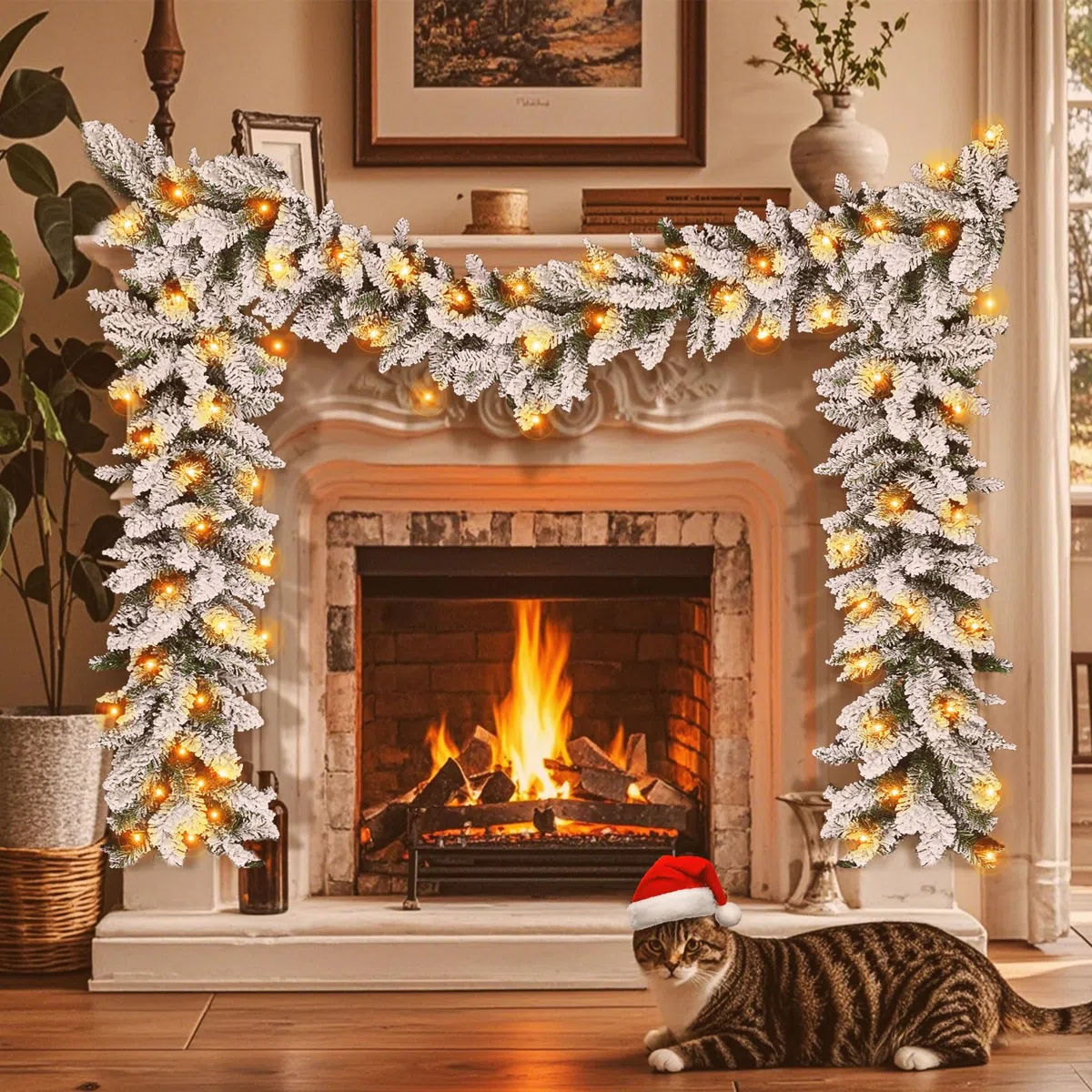 Ghirlanda natalizia con illuminazione - Ghirlanda natalizia artificiale 2,7 m, 50 LED, Illuminazione interna ed esterna, Decorazione natalizia per scale, camini e finestre in casa e uffici. (bianco