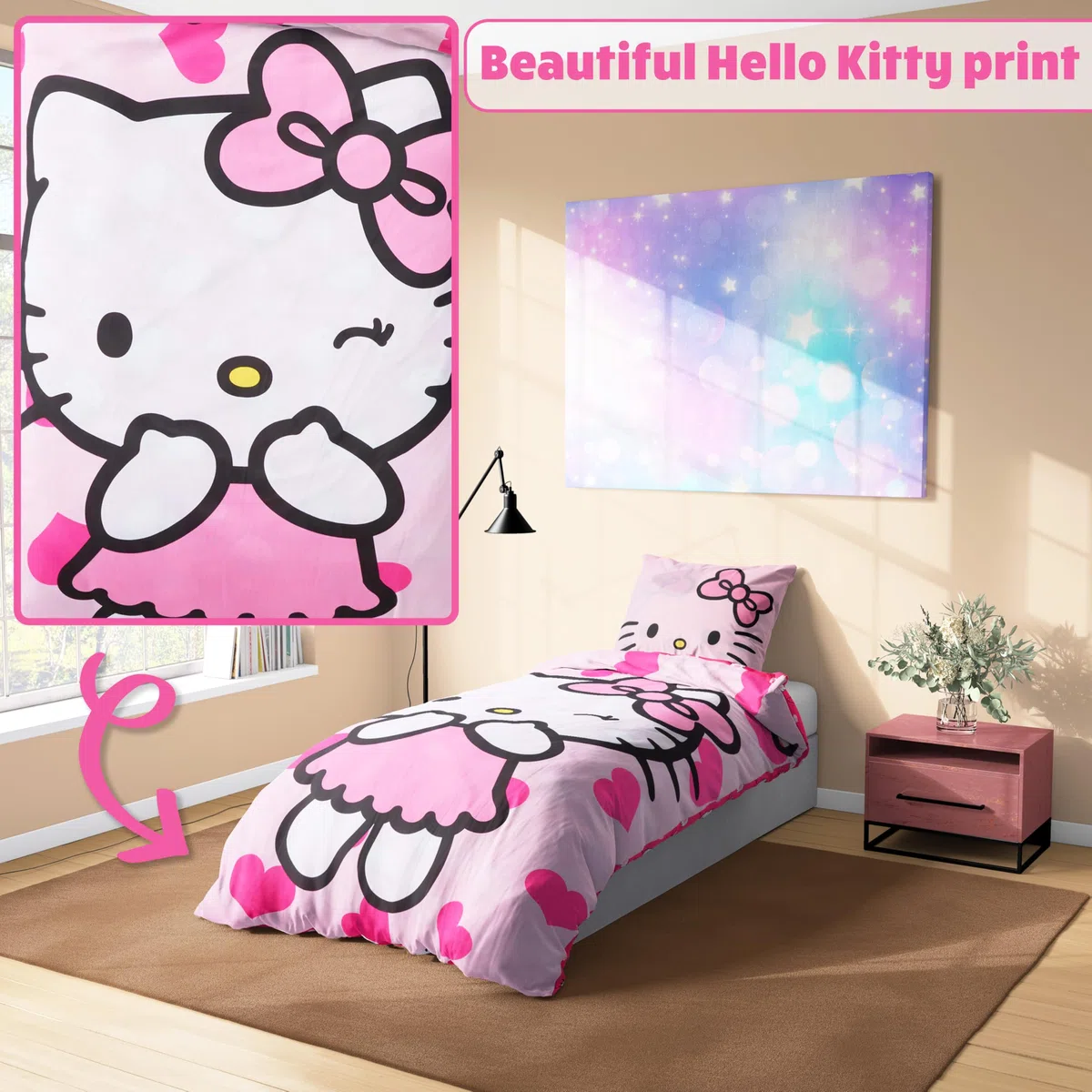 Hello Kitty Sanrio Copripiumino Singolo Reversibile Bambina Ragazza 135x200, Accessori Camera da Letto Kuromi Cinnamoroll, Regalo per Lei (Rosa Hello Kitty, Singolo)
