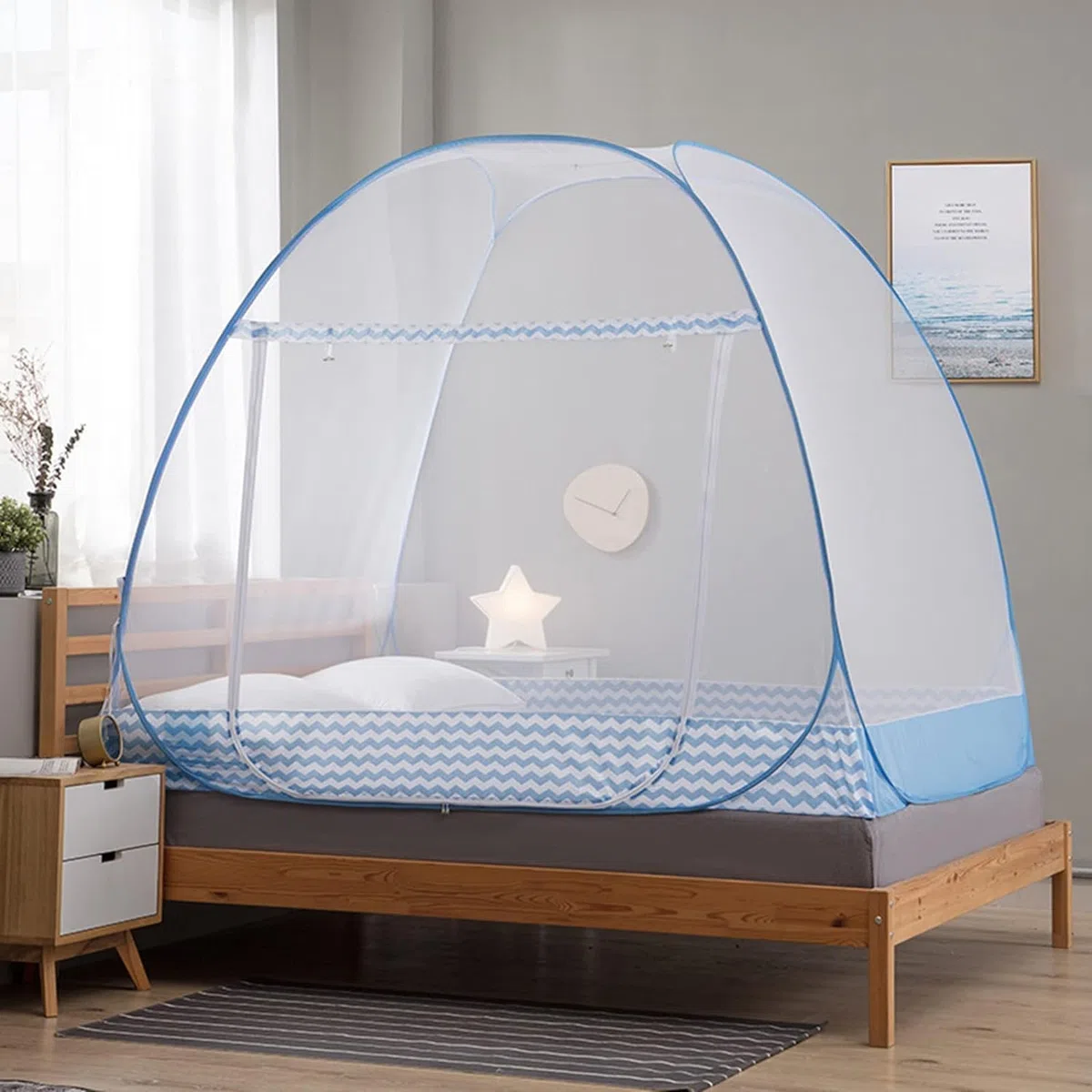 Zanzariera Letto, 180 x 200 cm, Pieghevole, Pop Up, Doppia Porta, Bianca, Modern, Light and Airy, Poliestere, Per Interni, Campeggio, Viaggi Estivi