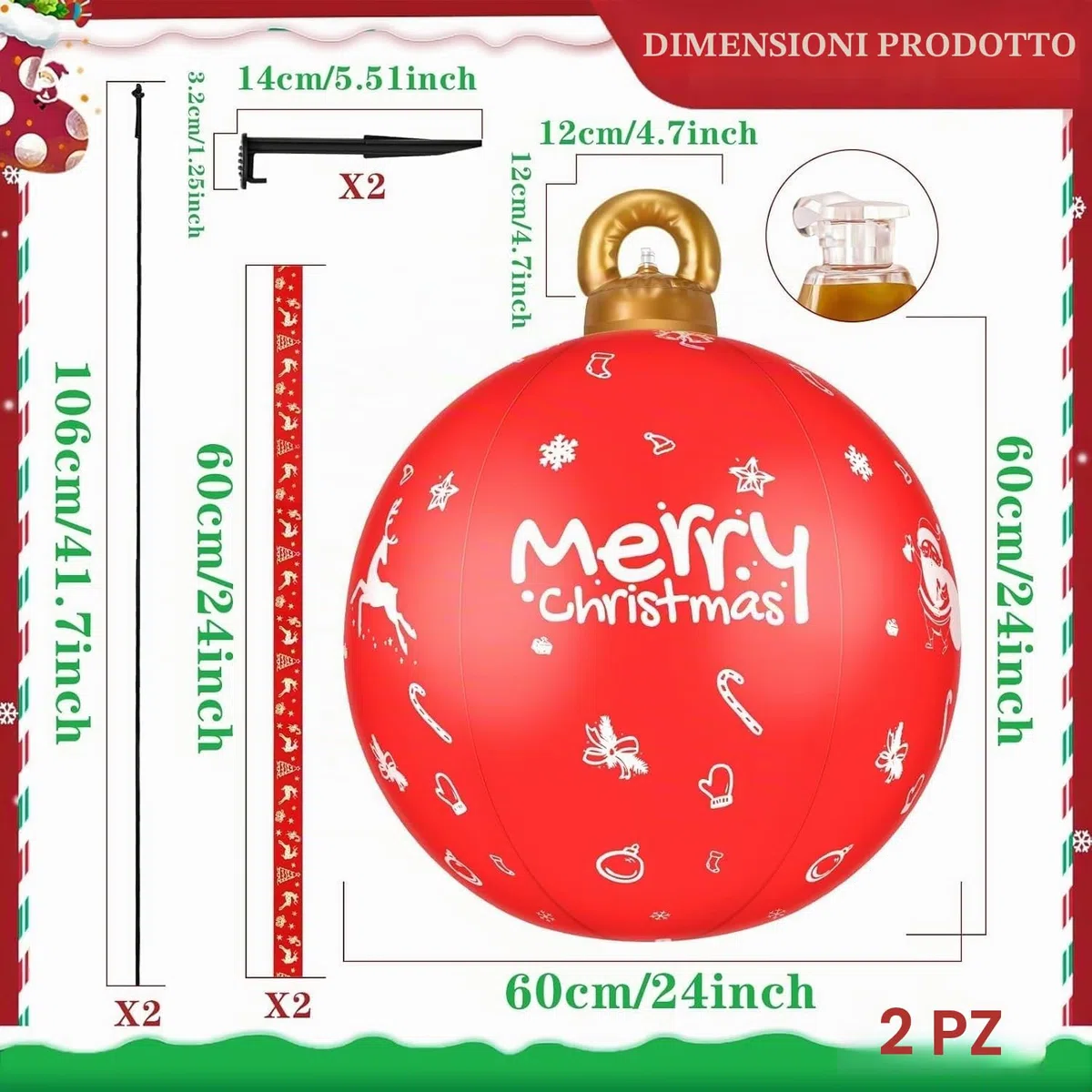 KAHEIGN 2 Pezzi Palline di Natale Gonfiabili Giganti, 60CM Rosso Fiocco di Neve Palle Decorativa Natalizio Gonfiabile in PVC per Natale Interno Esterno Casa Giardino Prato Cortile Portico Decorazione