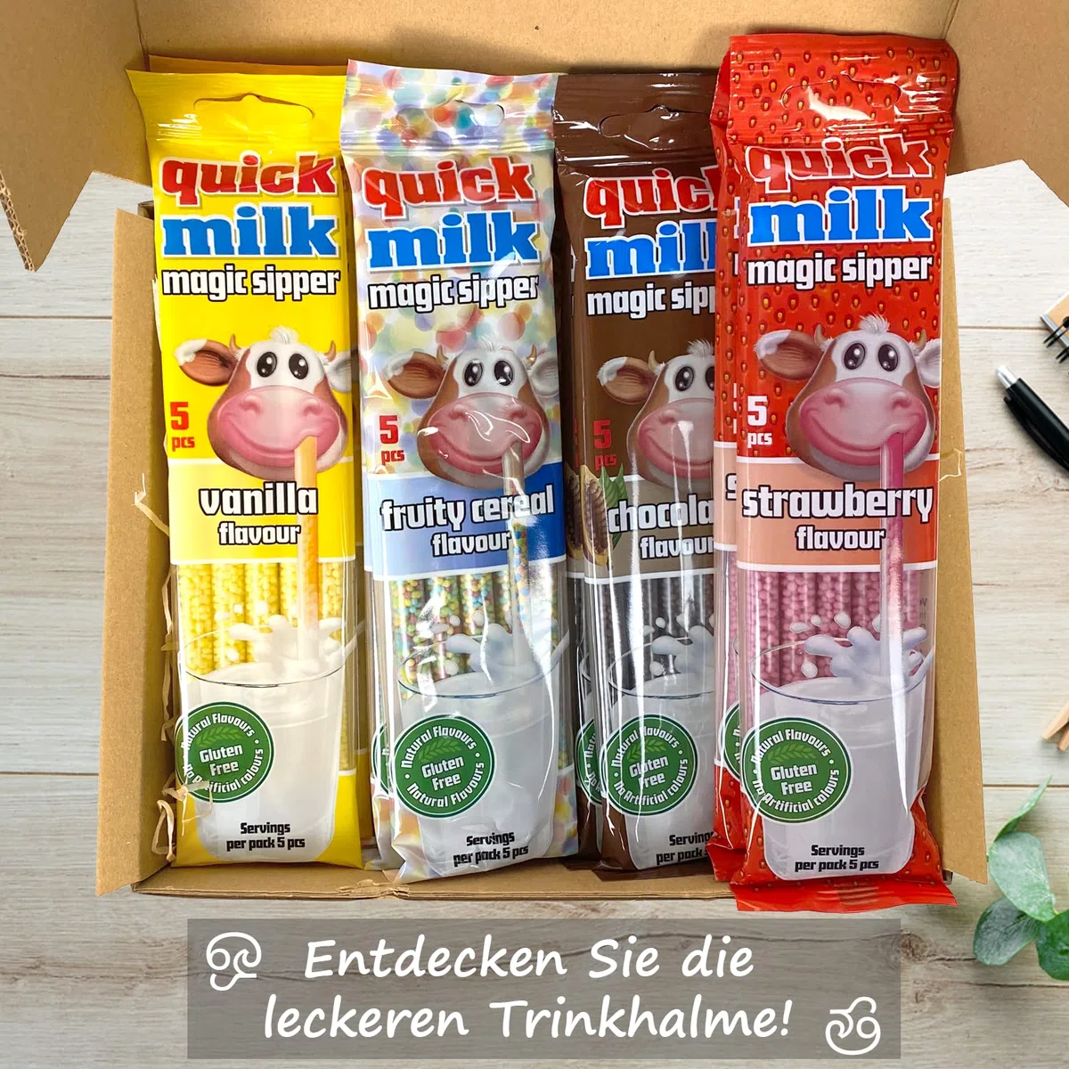 Genussleben Scatola con 4 diverse cannucce QuickMilk da 5 pezzi, 100 cannucce in confezione