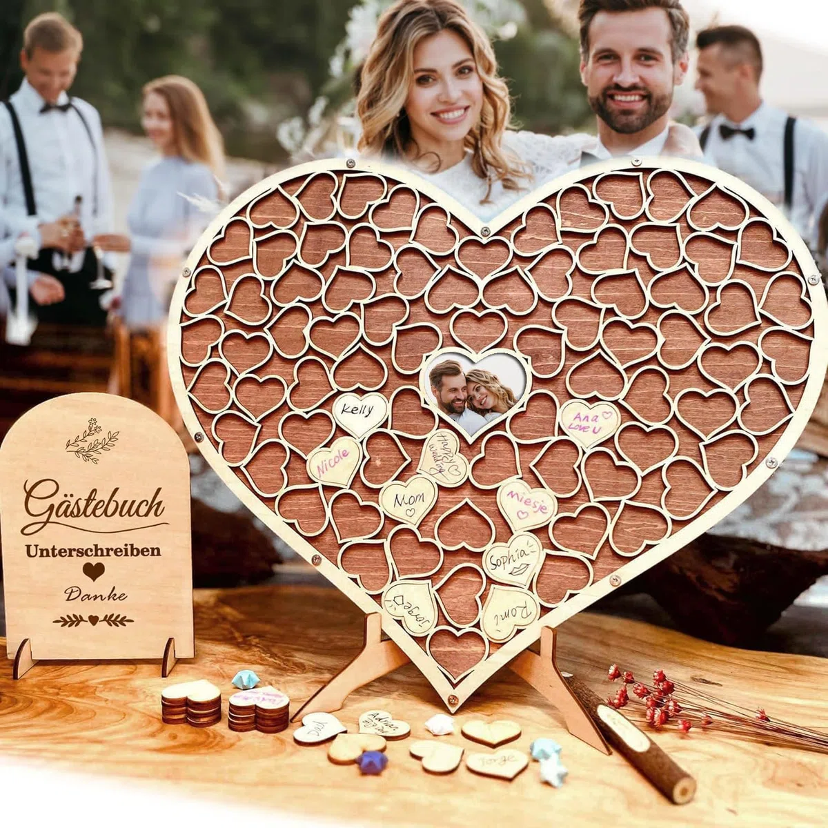 Libro degli ospiti in legno a forma di cuore, libro degli ospiti per matrimonio, compleanno, anniversario, decorazione per feste (marrone rosso)