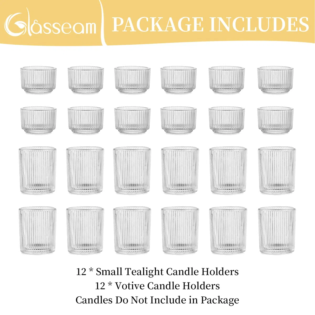 Glasseam Portacandele in Vetro, Set di 24 Portacandele Trasparenti, Portacandele Votive A Coste per La Tavola da Pranzo, Piccoli Portacandele Chic per Matrimonio, Natale E Decorazione della Casa