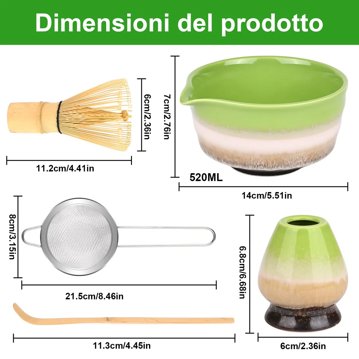 5 Set Matcha,Matcha Cerimoniale,Matcha set da tè matcha,con Frusta Matcha in bambù cucchiaio ciotola e supporto,regalo per gli amanti del matcha