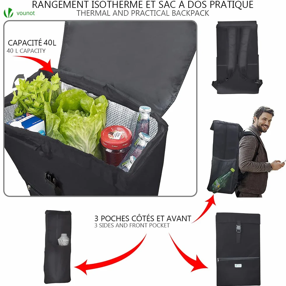 VOUNOT® Carrello Spesa Pieghevole con 3 Ruote e Seduta, Carrello Portaspesa per Saliscale con Borsa Termico, 40 L