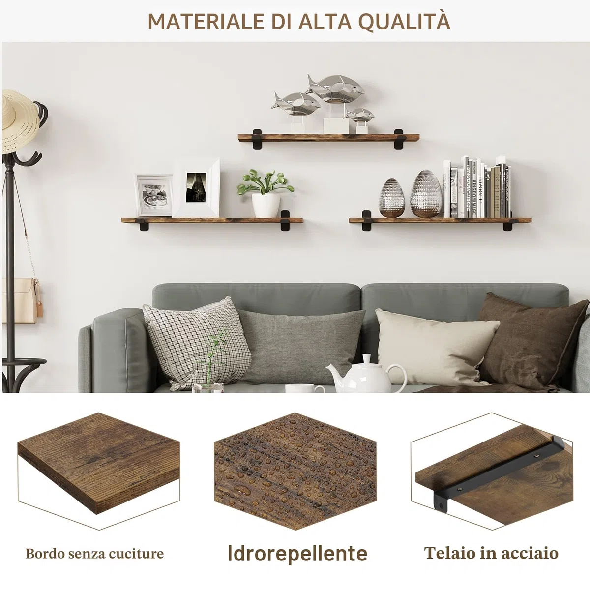 EUGAD Set di 3 Mensole da Parete, Ripiani Salvaspazio per Cucina, Camera da Letto, Portata Max 15 kg, 60x20x7 cm, in MDF e Metallo, Legno Vintage e Nero