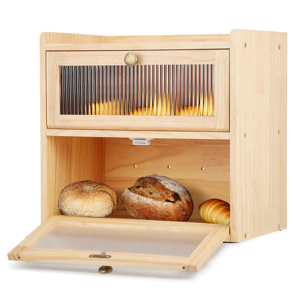 Contenitore per il Pane Doppio Strato per il Piano di Lavoro della Cucina, Portapane in Legno con Finestre, Scatola per Alimenti Secchi con Prese D'aria per Mantenere il Pane Fresco(Legno)