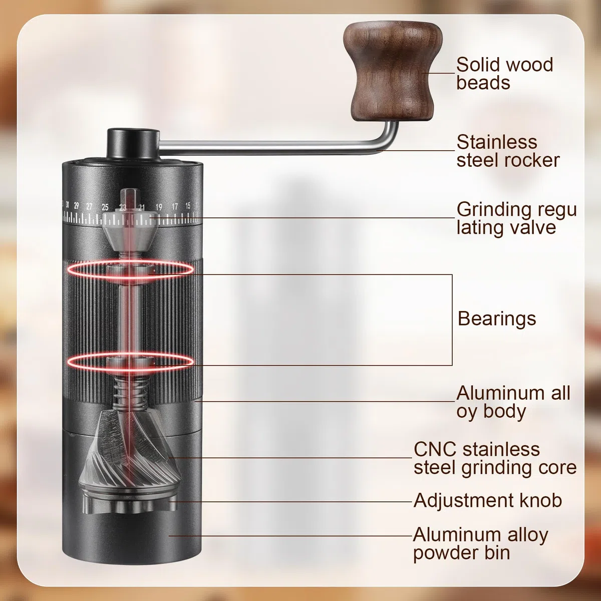 Kaffeemühle Manuell, Präzisem Edelstahlmahlwerk mit 50 einstellbaren Mahlgradeinstellungen Kunststofffreie Espresso-Kaffeemühle mit Holzgriff Design für den Einsatz zu Hause, im Büro und auf Reisen