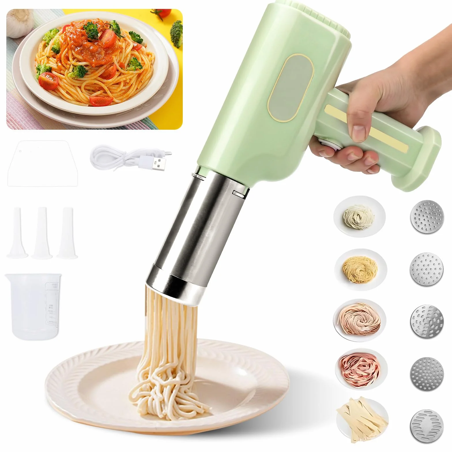 Macchina per pasta elettrica, pressa per pasta portatile con batteria da 2600 mAh, 5 stampi per pasta, 3 teste di salsiccia, spatola e misurino, macchina per pasta automatica