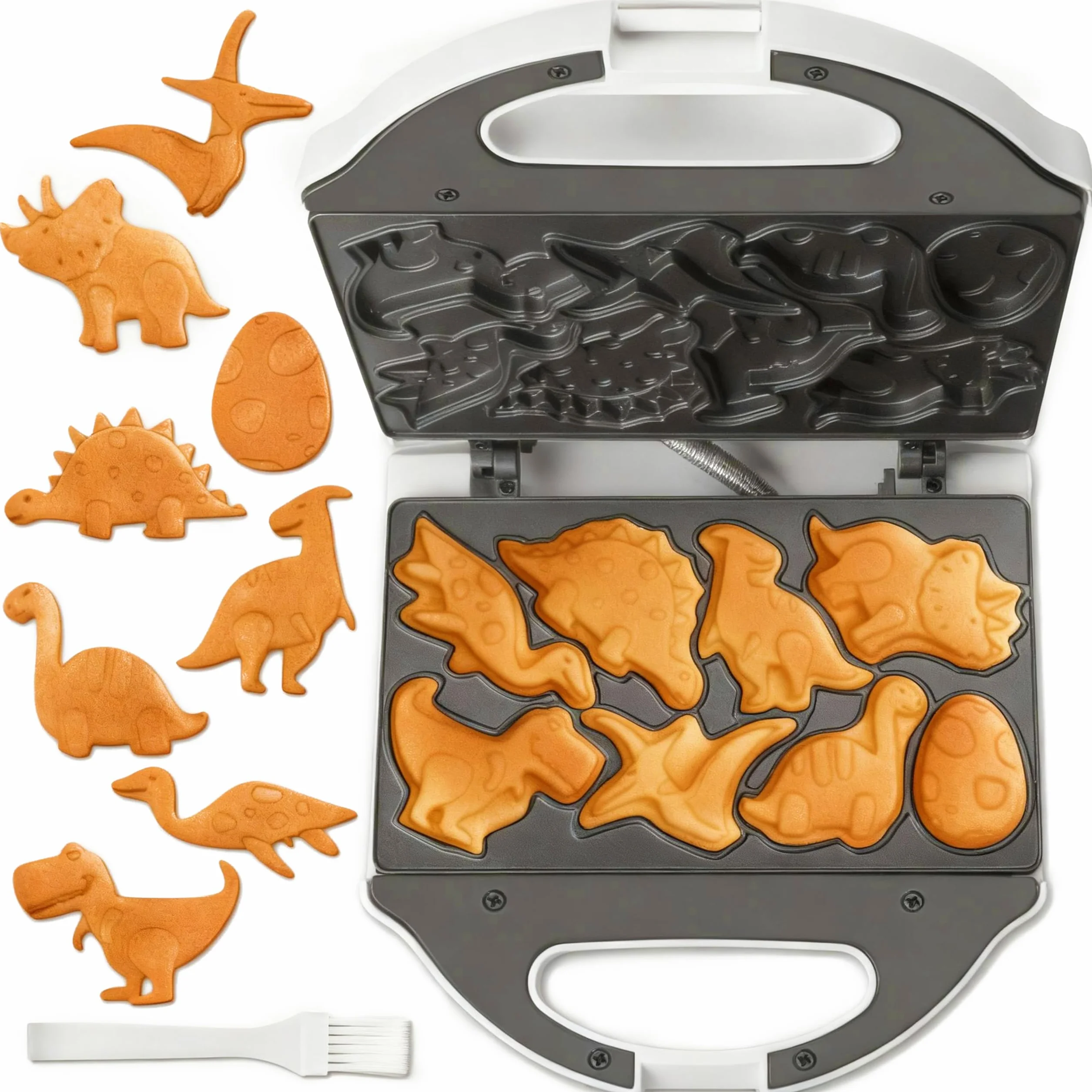 SugarWhisk Mini Piastra Waffle, Piastra Per Waffle, Mini Waffle Maker Con 8 Motivi Di Dinosauri, Amato Dai Bambini, Bianco