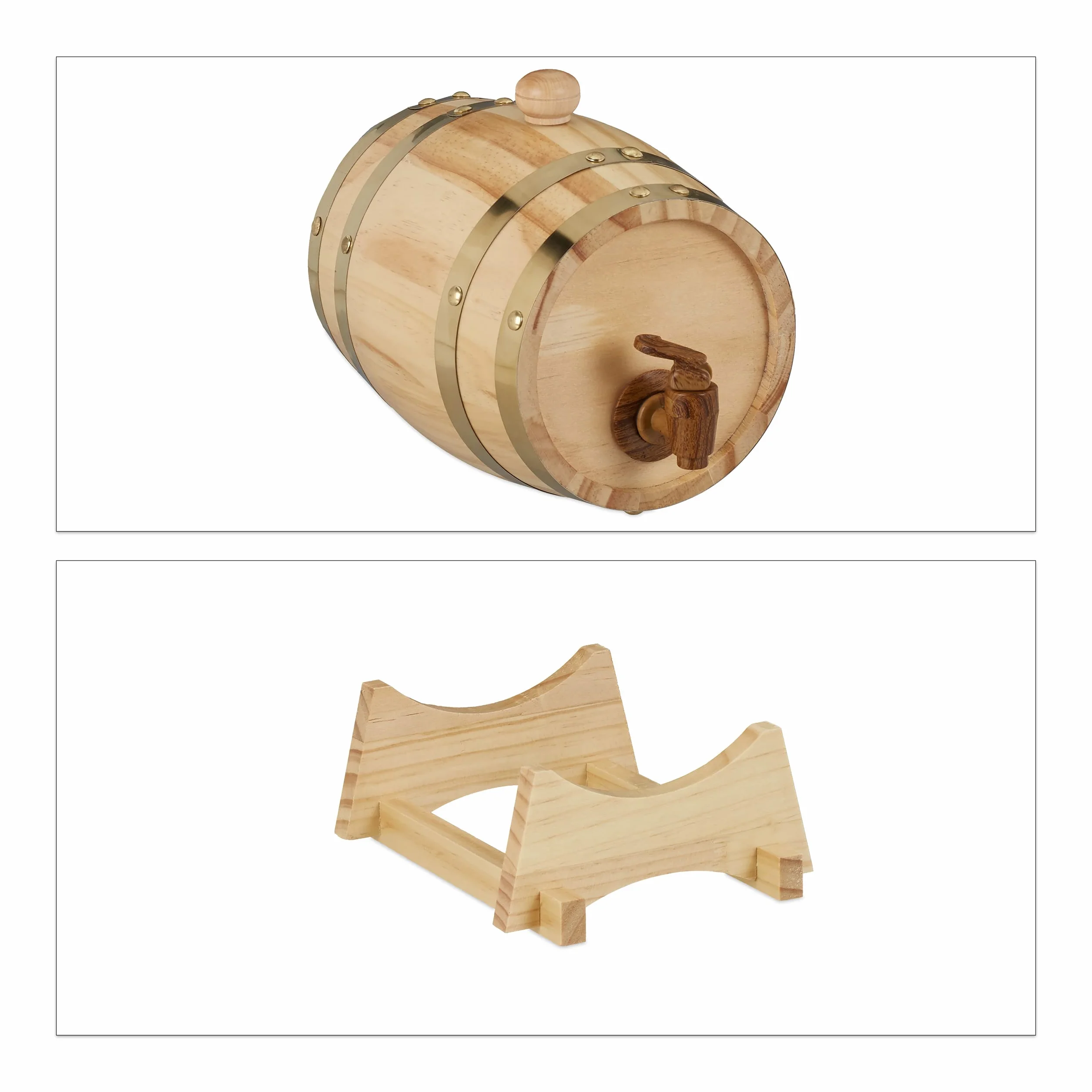 Relaxdays Botte di Legno da 1,25 L, con Supporto e Rubinetto, per Whisky Vino, Alcolici, HLP 23 x 16 x 25,5 cm, Naturale