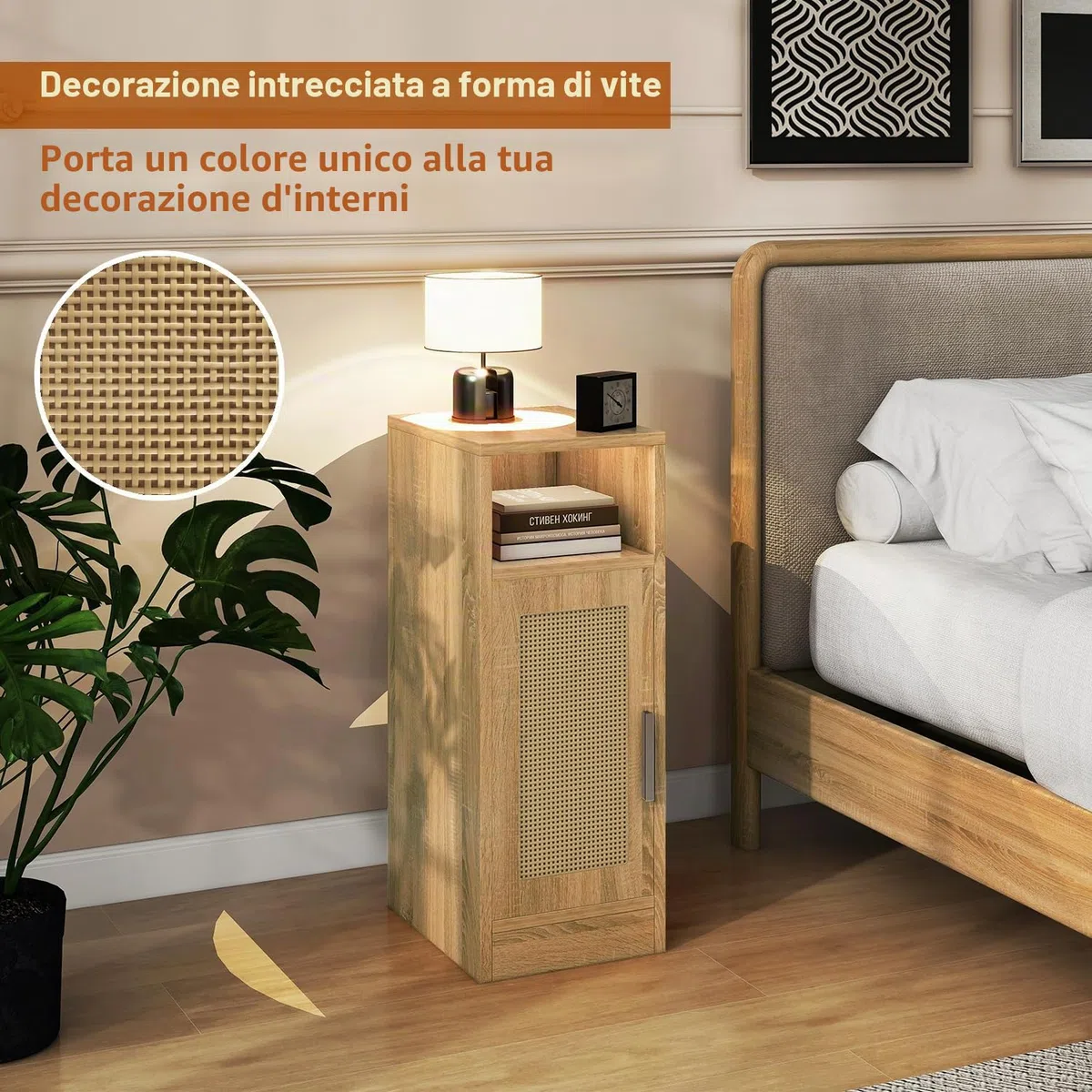 IBUYKE Set di 2 comodini sottili, comodino in rattan con scomparti aperti e armadio per piccoli spazi, tavolino laterale piccolo e stretto per camera da letto e soggiorno, naturale WNS012N-2