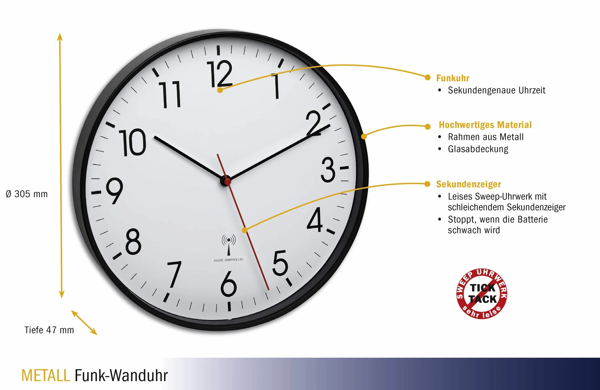 TFA Dostmann Orologio da parete analogico radiocomandato 60.3537.01 con struttura in metallo, plastica, nero