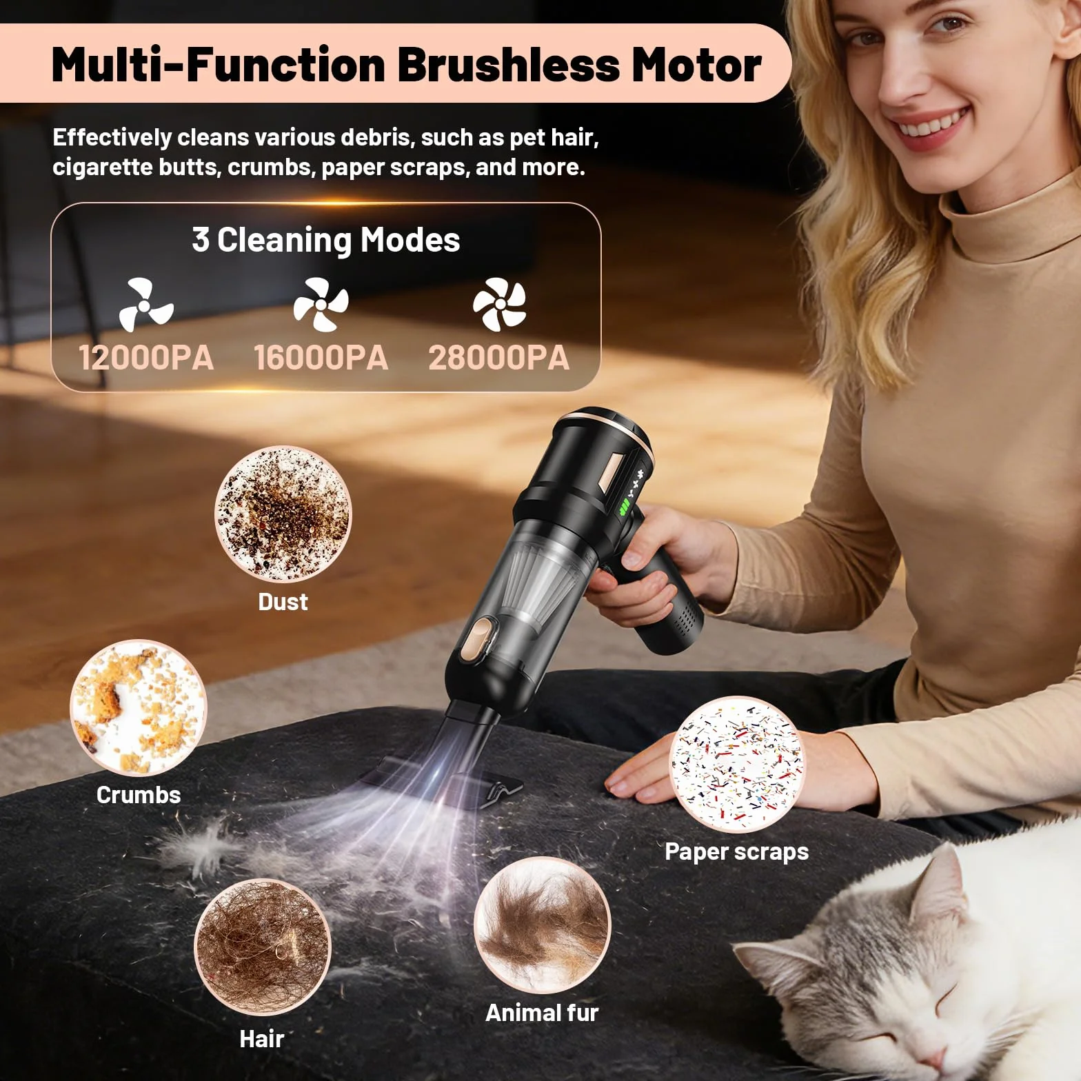 SLOKSFil 2026 - Aspirapolvere portatile senza fili, 22000 PA, 4 in 1, mini aspirapolvere per auto con motore brushless, potente aspirapolvere per casa, auto, peli di animali domestici, cucina (HL138)