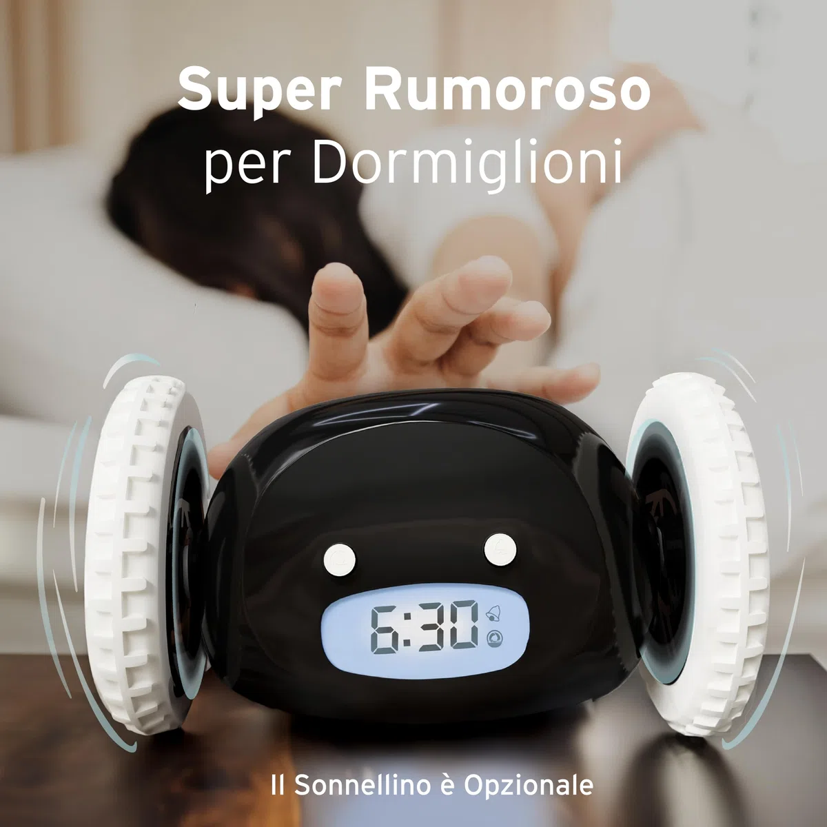 CLOCKY Sveglia Rumorosa per chi ha il Sonno Pesante Dormiglioni Pesante Sordi Ruote Sveglia Digitale da Comodino per Dormienti Rumorissima Adulti Bambini che Scappa Cammina Regali Divertenti (Nero)