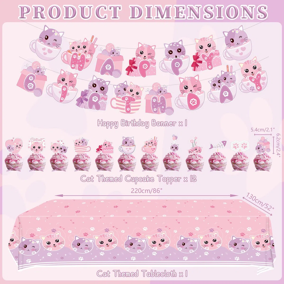 Set di accessori per la festa di compleanno del gatto, striscione di buon compleanno, piatti, tovaglia, tazze, palloncini, cannucce per le decorazioni della festa del gatto per bambini, per 20 ospiti