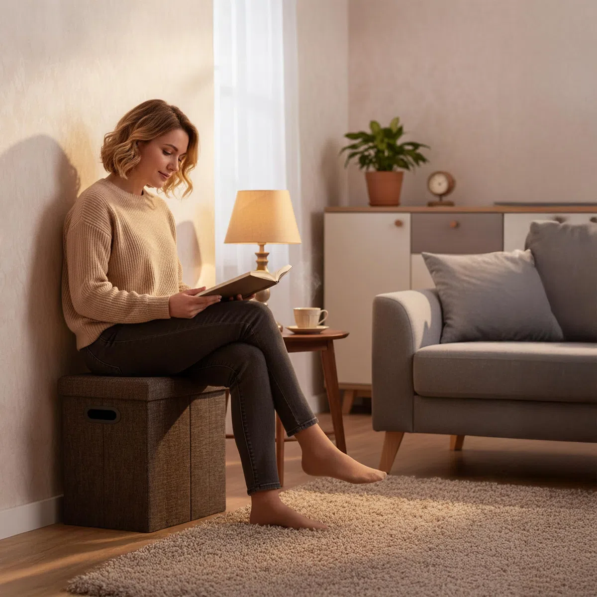 Relaxdays Sgabello Pieghevole, HxLxP: 49,5x46x25,5 cm, Pouf Contenitore, Lino, Poliestere, Legno MDF, Colore Marrone