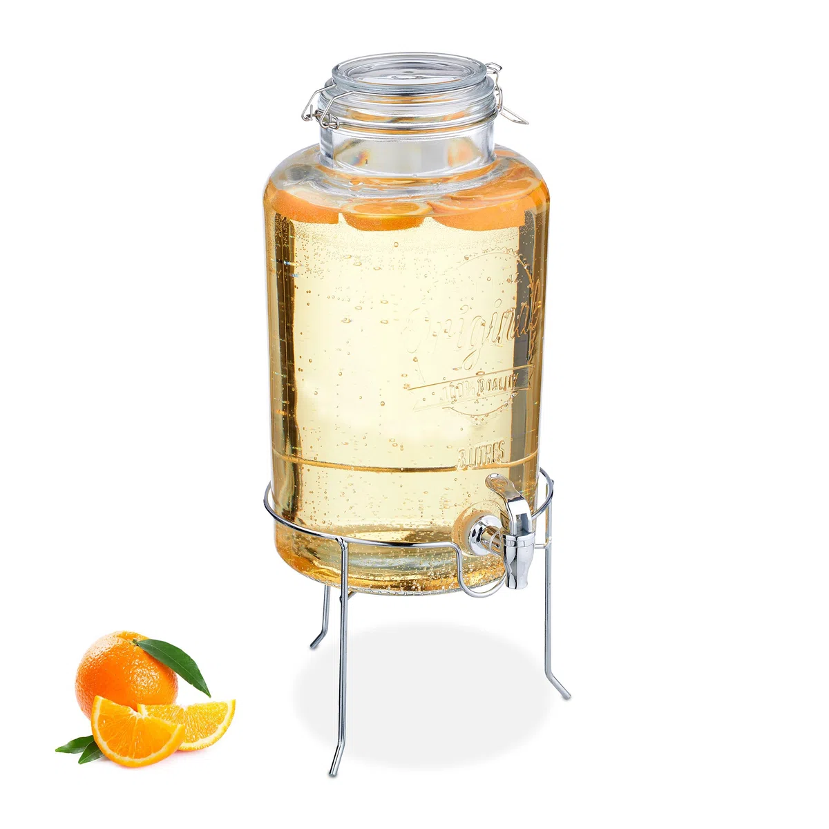 Relaxdays Dispenser in Vetro per Bevande, Erogatore 8 L Rubinetto, Coperchio e Rialzo, Distribuitore Acqua e Limonata