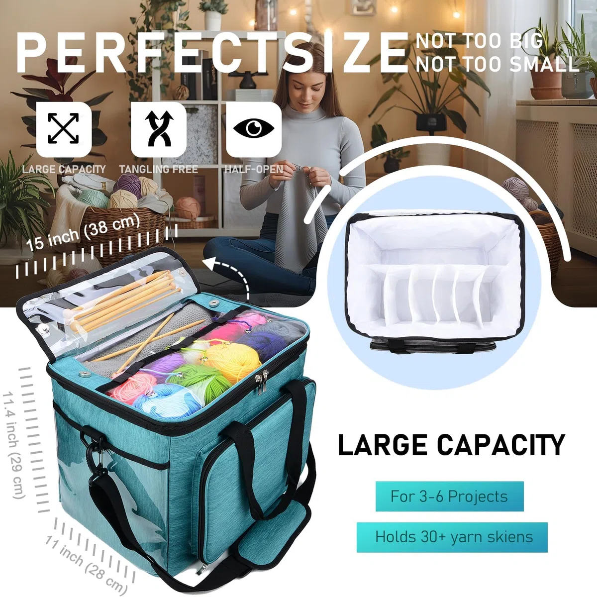 Hoshin Borsa Porta Lavoro a Maglia,Honshin Borsa Porta Gomitoli Uncinetto Portatile per Trasportare Progetti, Ferri da Maglia, Uncinetti, Gomitoli di Filato(Verde)