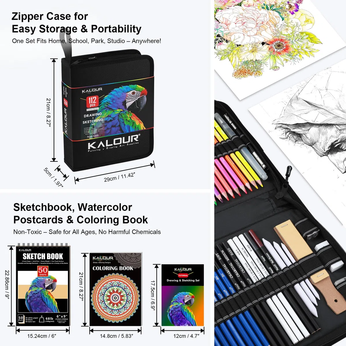 KALOUR PDAS 112 Set per Disegno Kit da Schizzo, Forniture Artistiche Professionali con Libro da Schizzo a 3 Colori & Libro da Colorare, Matite Neon, Colorate, Acquerello, Metalliche, Grafite