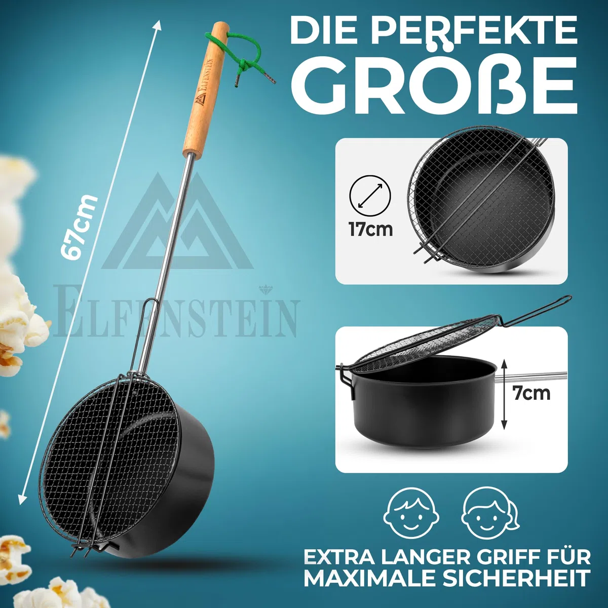 ELFENSTEIN Popcorn Maker Falò in acciaio al carbonio di alta qualità e maniglia di sicurezza, padella per popcorn all'aperto per falò, barbecue e braciere, accessori da giardino e campeggio per