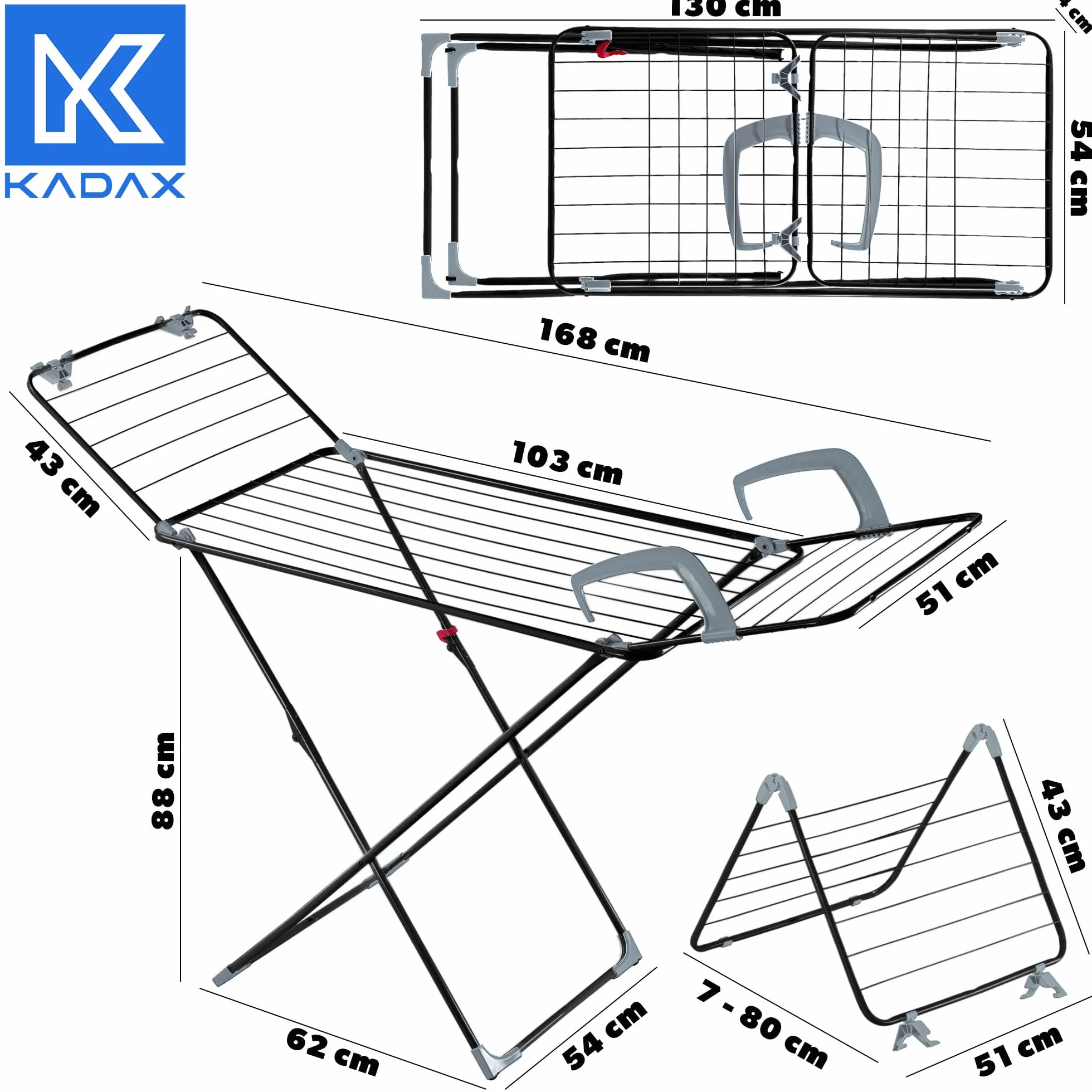 KADAX Stendibiancheria pieghevole 3in1, 18 m superficie di asciugatura, stendino con ruote, piedini antiscivolo, salvaspazio, per termosifone & vasca, interno & esterno – Nero