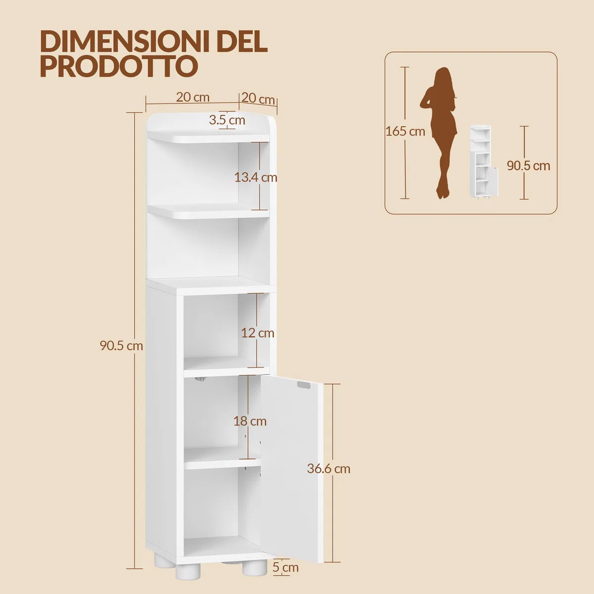 Mobile da Bagno, Mobiletto Bagno Salvaspazio, Design a Doppia Zona Aperta e Chiusa, Ripiani Regolabili, 20 x 20 x 90,5 cm, Bianco FFBC011PW1