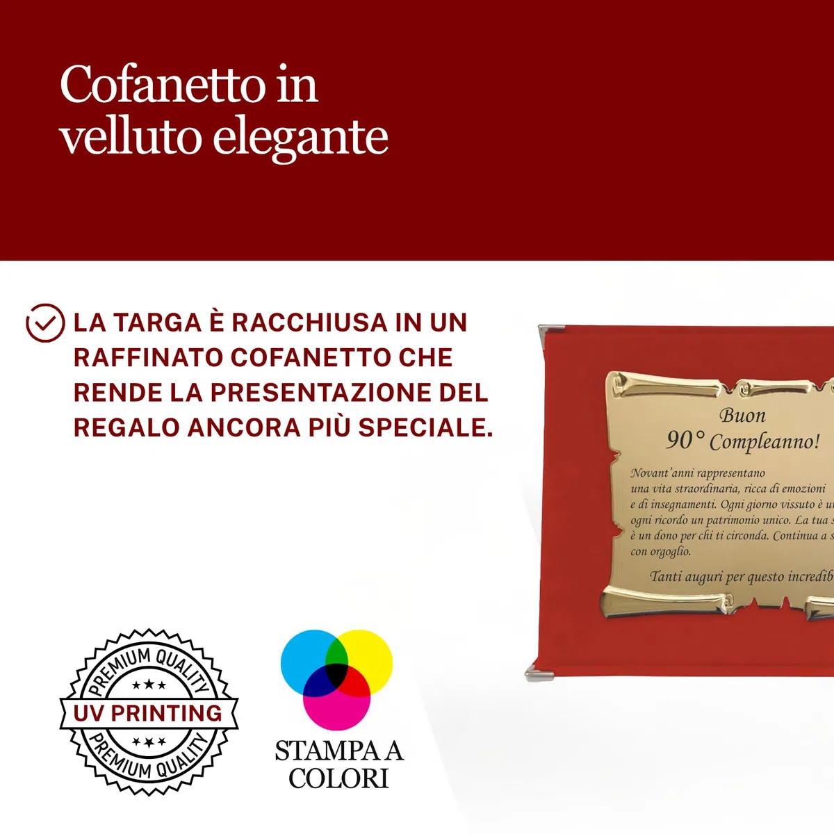 Targa Compleanno con Pergamena – Targa Celebrativa in Cofanetto Velluto – Idea Regalo Elegante per Compleanno e Ricorrenze – Targa Ricordo (Rosso, 90 Anni)