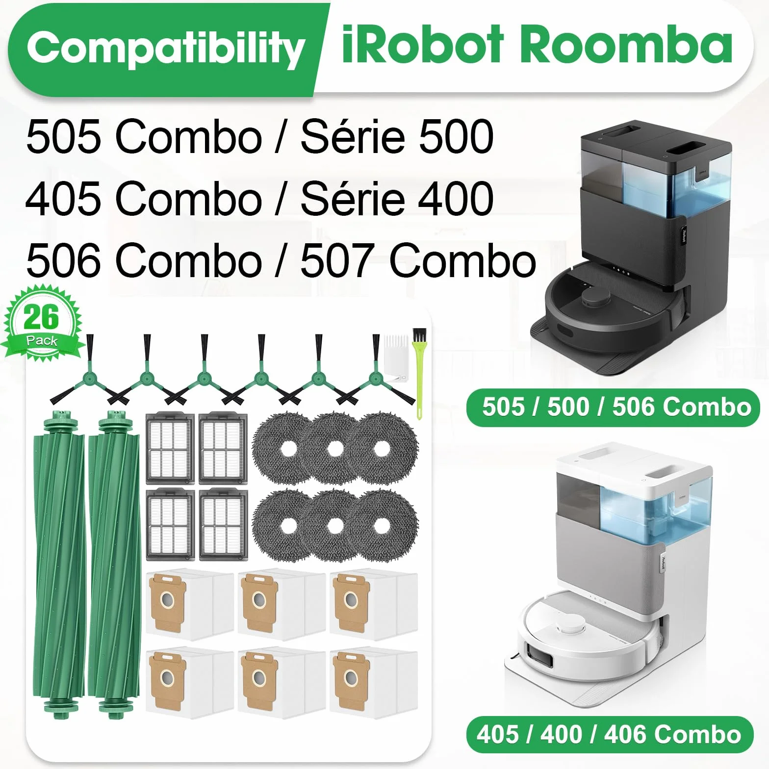505 Accessori di Ricambi per iRobot Roomba Plus 505 Combo / 405 Combo / 507/506 /500/400 Ricambio 2 Spazzola Principale 4 Filtri 6 Spazzole Laterali 2 Panni Mocio 6 Sacchetti