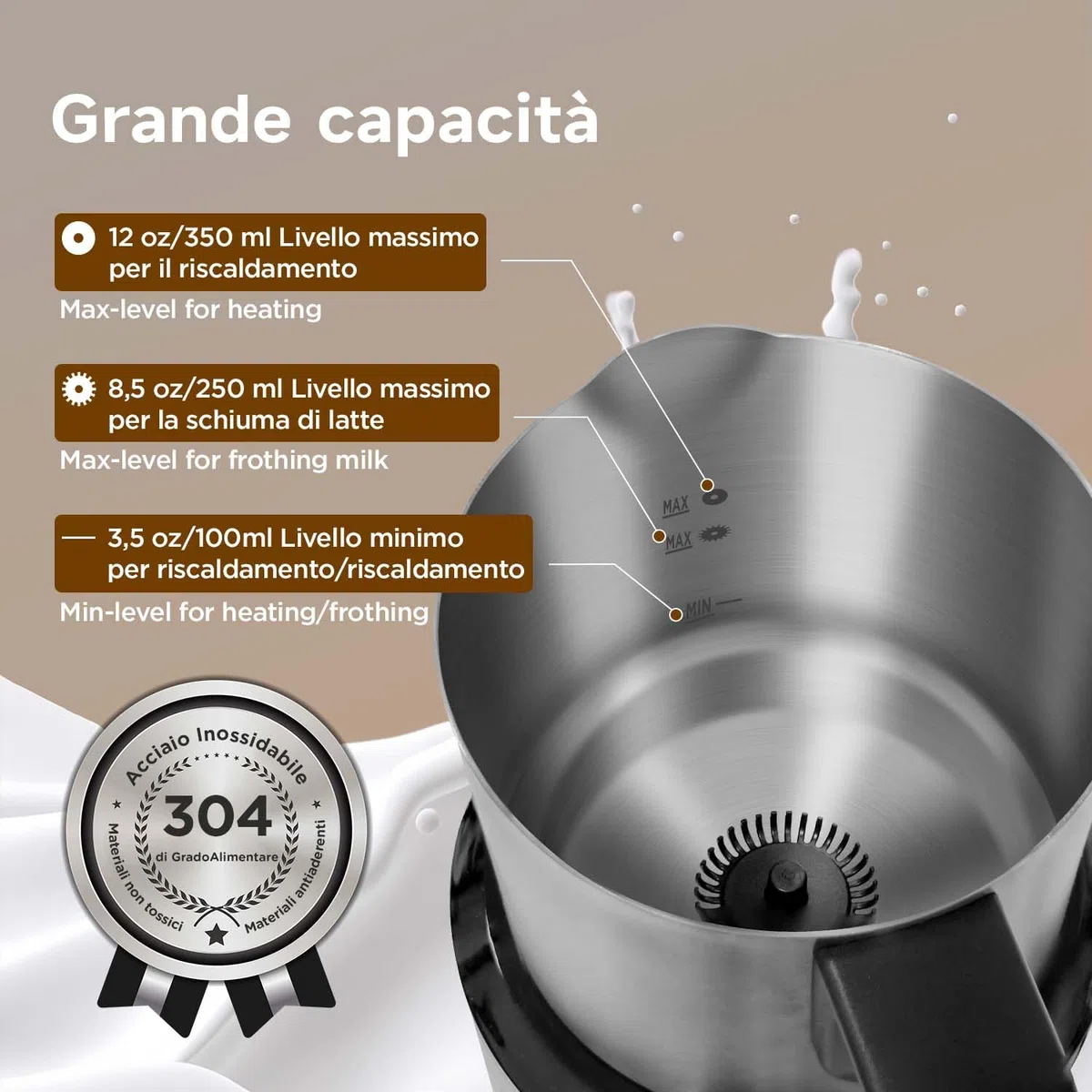 Elettrico 500ml per Cappuccino, Macchina per Schiuma Latte Calda e Fredda, Scaldalatte Automatico, Cioccolata Calda, Acciaio Inossidabile Sicuro per Lavastoviglie,acciaio inossidabile