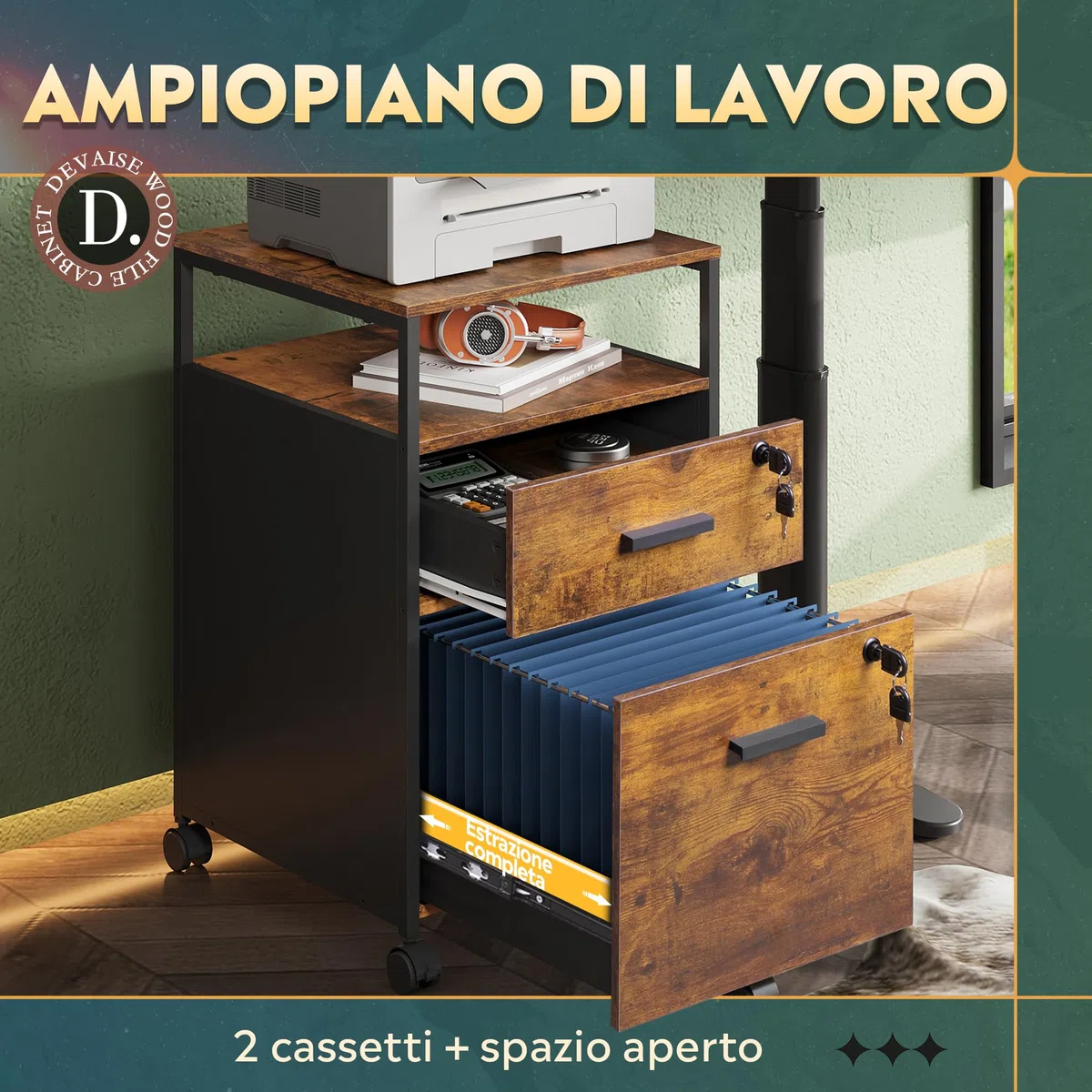 DEVAISE Cassettiera Mobile 2 Cassetti Marrone Retrò, Portastampante con Scaffale Aperto e per Documenti A4/Letter, Ufficio in Stile Classico