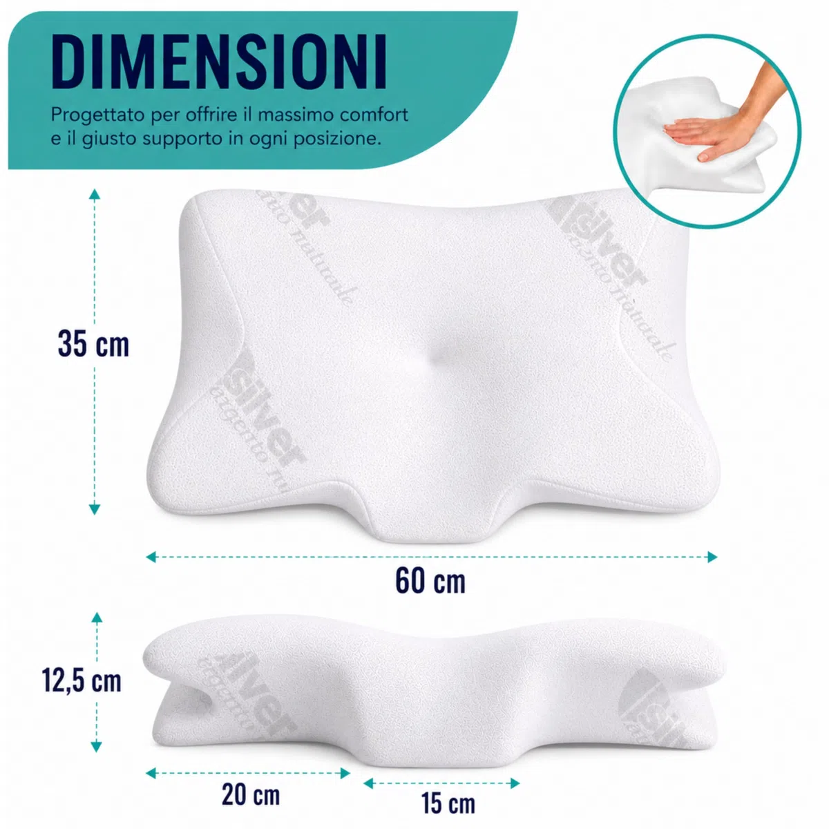 The Double Twenty Cuscino Cervicale per Dormire Ortopedico - Doppia Altezza 12,5/9cm Federa Lavabile in Silver Antibatterico - Cuscino Memory Foam Antirussamento a Farfalla - Made in Italy e Oeko Tex