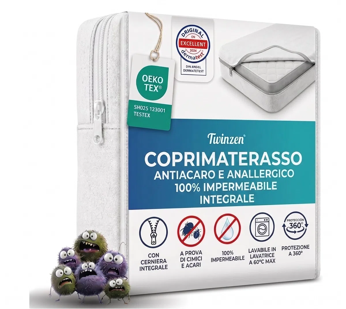 Twinzen - Coprimaterasso 160x200 x 20 cm Matrimoniale con Cerniera - Fodera Materasso 160x200 x 20 cm Matrimoniale - Impermeabile, Antiacaro e Anticimici - Bi-Ome & Oeko-Tex
