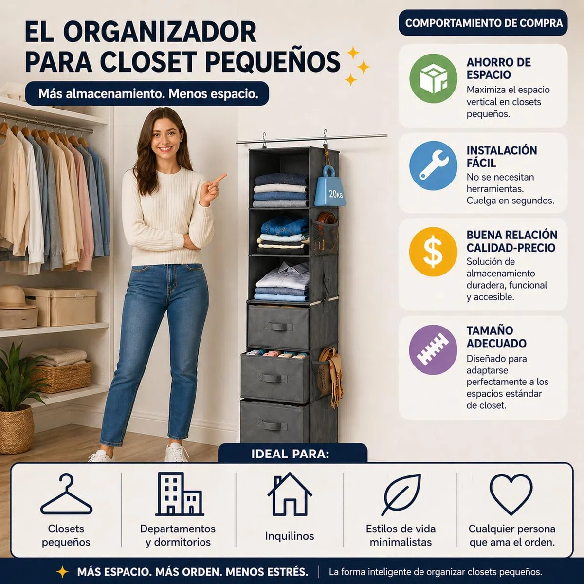 Organizer per armadio sospeso a 6 ripiani pieghevoli in 2 moduli da 3 con 2 tasche laterali e ripiani in tessuto rinforzati, risparmia spazio e mantieni i vestiti piegati senza pieghe