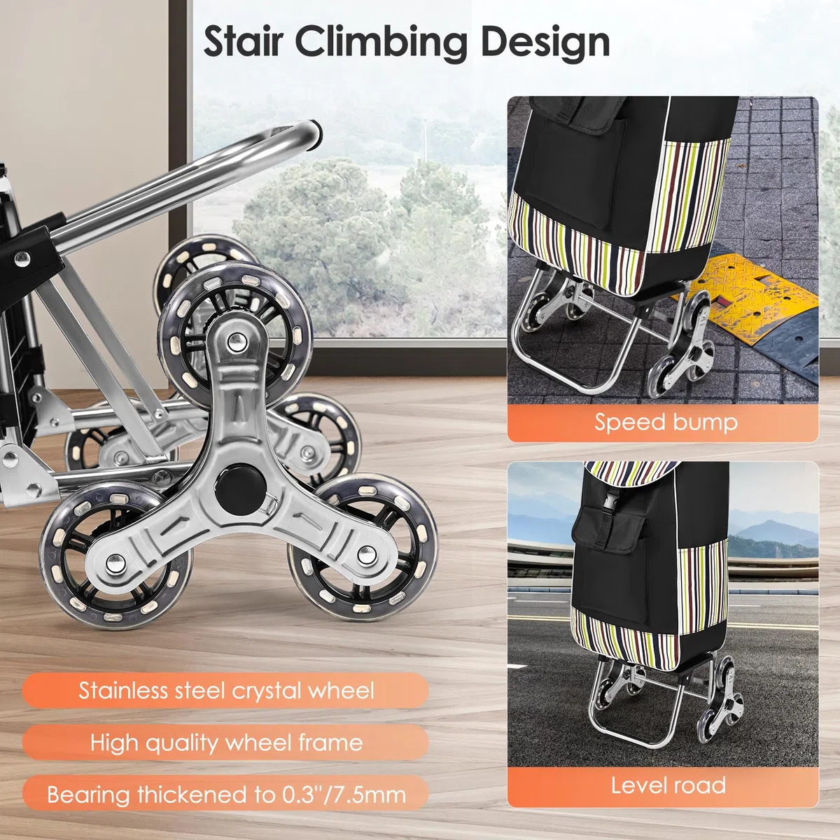 Carrello Spesa con 3 Ruote per Saliscale 3 in 1 Carrello Portaspesa Pieghevole carrello spesa con Sacche di isolamento 32L Borsa Impermeabile Rimovibile