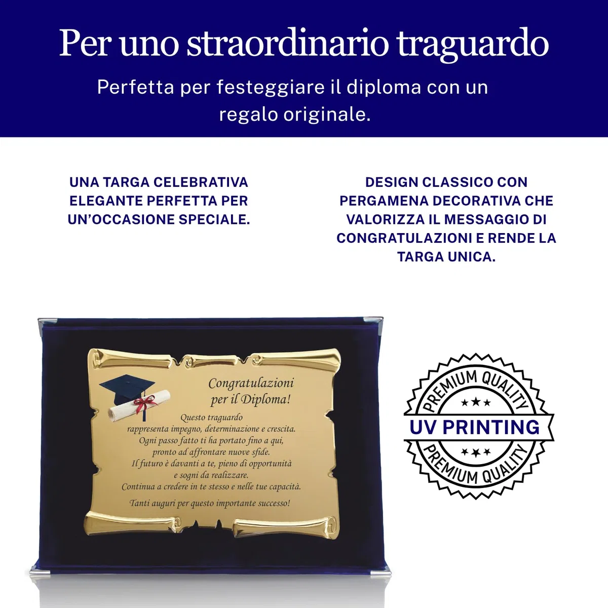 Targa Diploma con Pergamena in Cofanetto Velluto – Idea Regalo Diploma – Targa Celebrativa con Dedica – Ricordo Elegante per Diplomato e Diplomata (Blu)