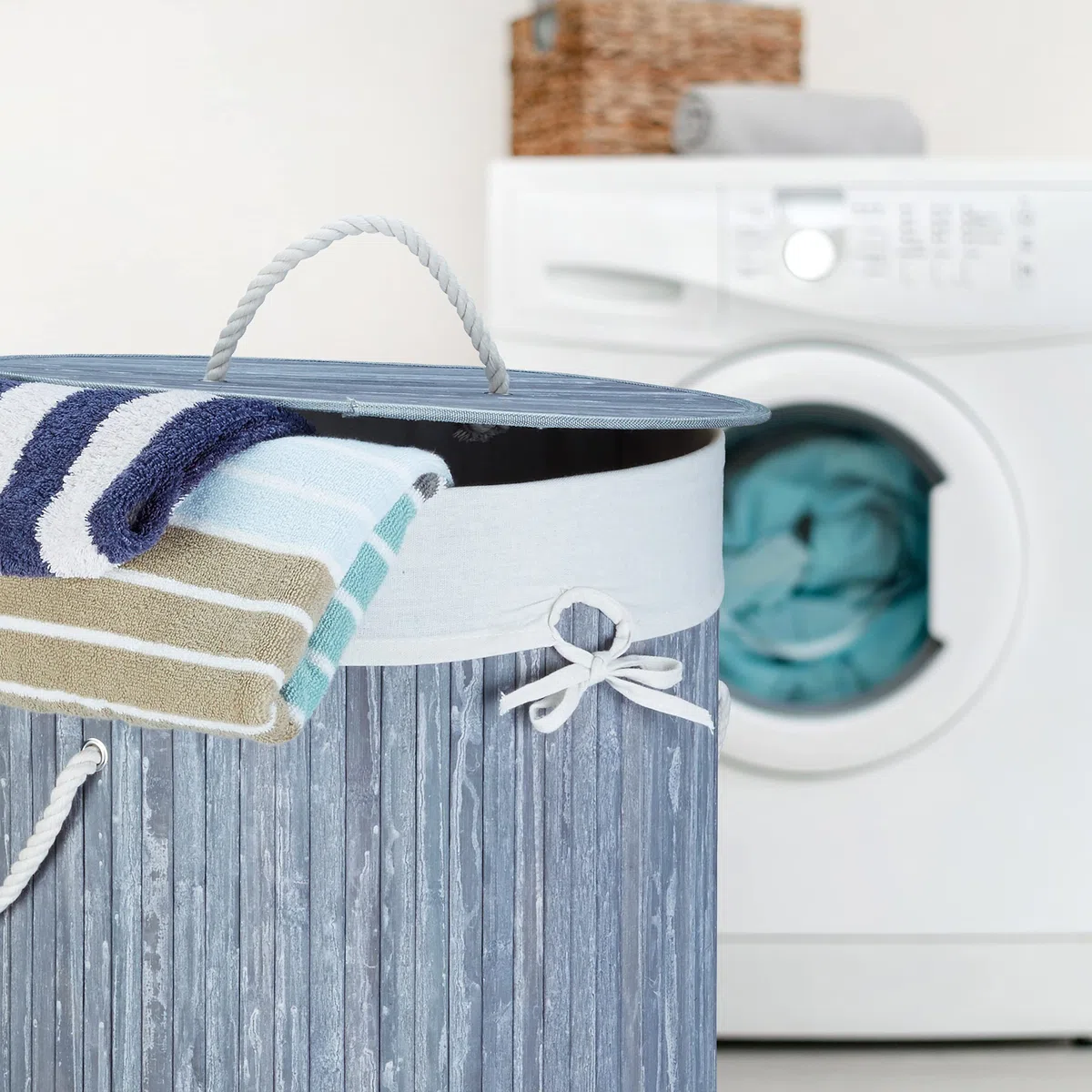 Relaxdays Cesto Portabiancheria, Rotondo, Pieghevole, 70 L di Volume, Coperchio e Sacco di Cotone, Ø 41 cm, Bianco